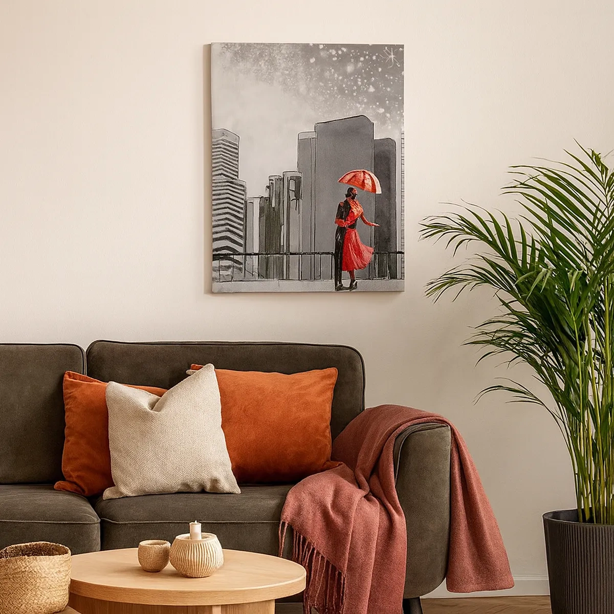 Quadro su tela - Stampe su Tela - Una coppia vestita di rosso con un ombrello sullo sfondo di un paesaggio urbano - 50x70cm - L'uomo non è di pietra - Decorazione murale moderna per soggiorno e camera da letto ARTTOR