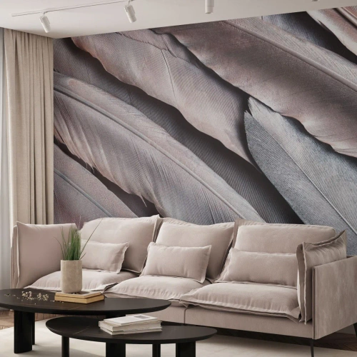 Fotomurali Premium Sand - Delicate piume nei toni del rosa e dell'argento - 100x70cm - Argento rosato - Decorazione murale moderna per soggiorno e camera da letto ARTTOR