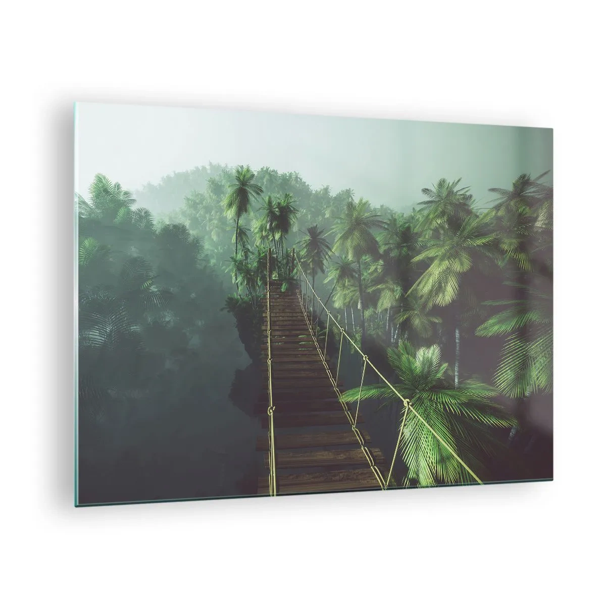 Quadro su vetro - Un ponte di corda nella giungla circondato da palme - 70x50cm - Nel vortice del verde - Decorazione murale moderna per soggiorno e camera da letto ARTTOR