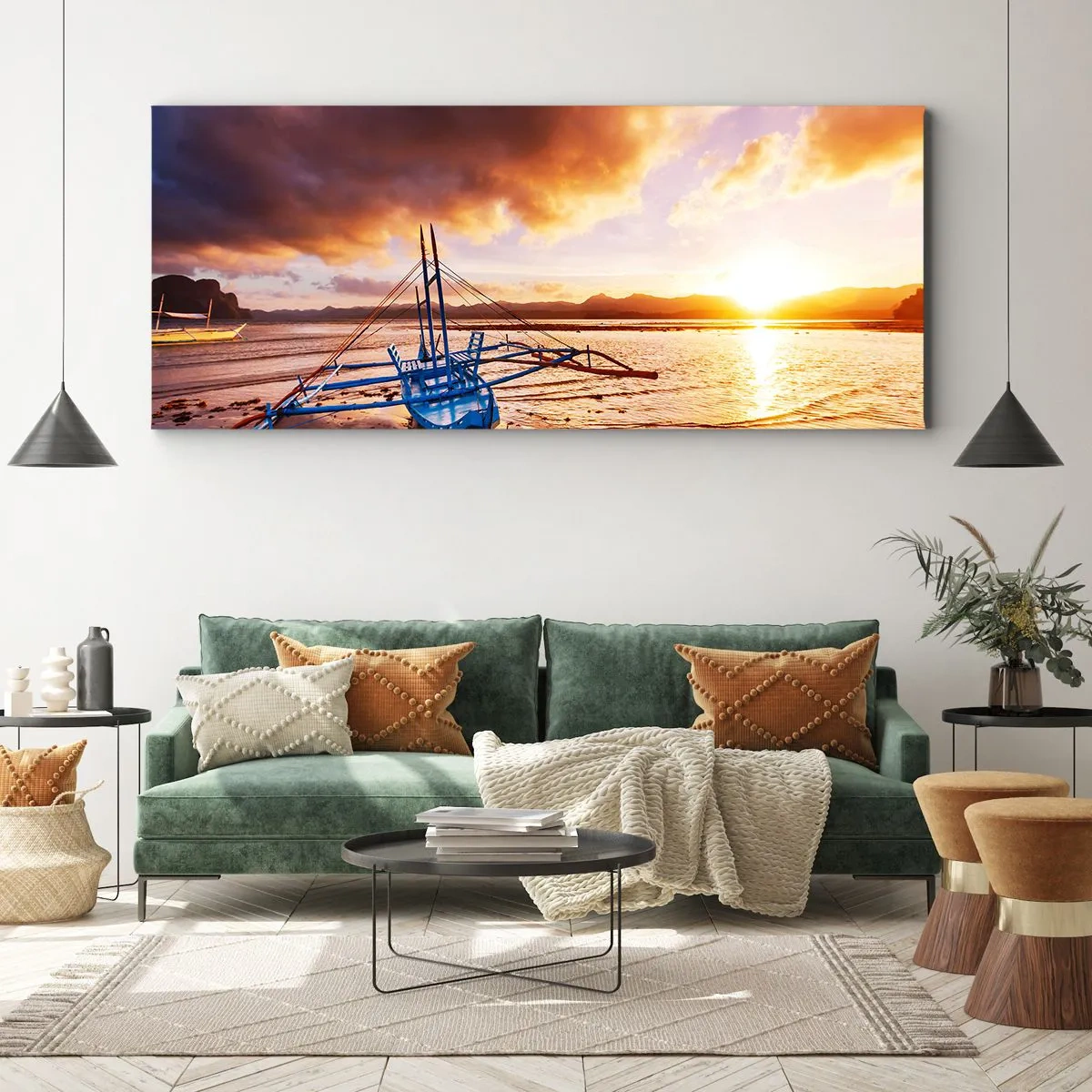 Quadro su tela - Stampe su Tela - Barca blu sulla spiaggia al tramonto - 140x50cm - Riposo sulla sabbia dopo l'intera giornata - Decorazione murale moderna per soggiorno e camera da letto ARTTOR