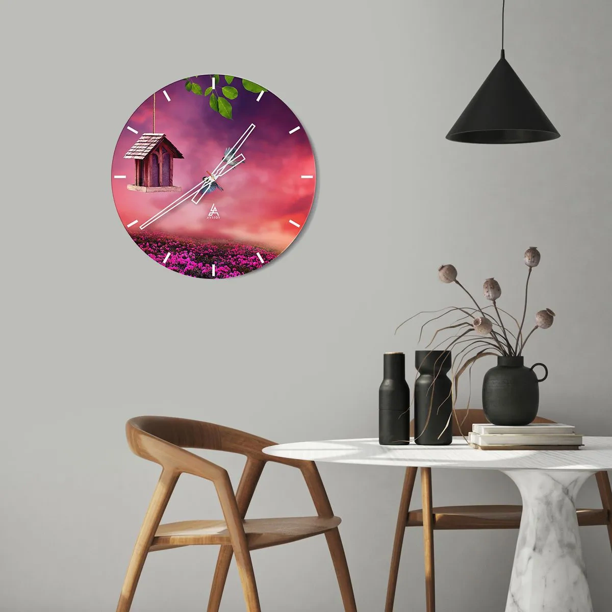 Orologio da parete - Orologio in Vetro - Paesaggio con casetta per gli uccelli, cielo rosa e foglie verdi - 30x30cm - Invito a cena - Decorazione murale moderna per soggiorno, cucina e camera da letto ARTTOR