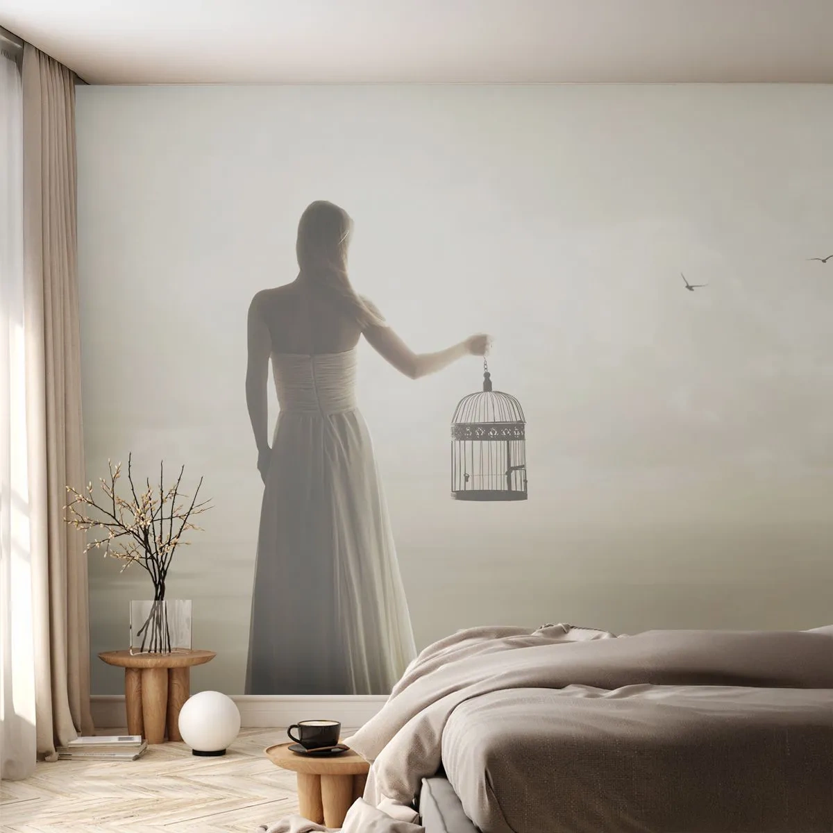 Fotomurali Premium Canvas - Sii libera - Donna, Gabbia per uccelli, Uccello - 300x210 cm