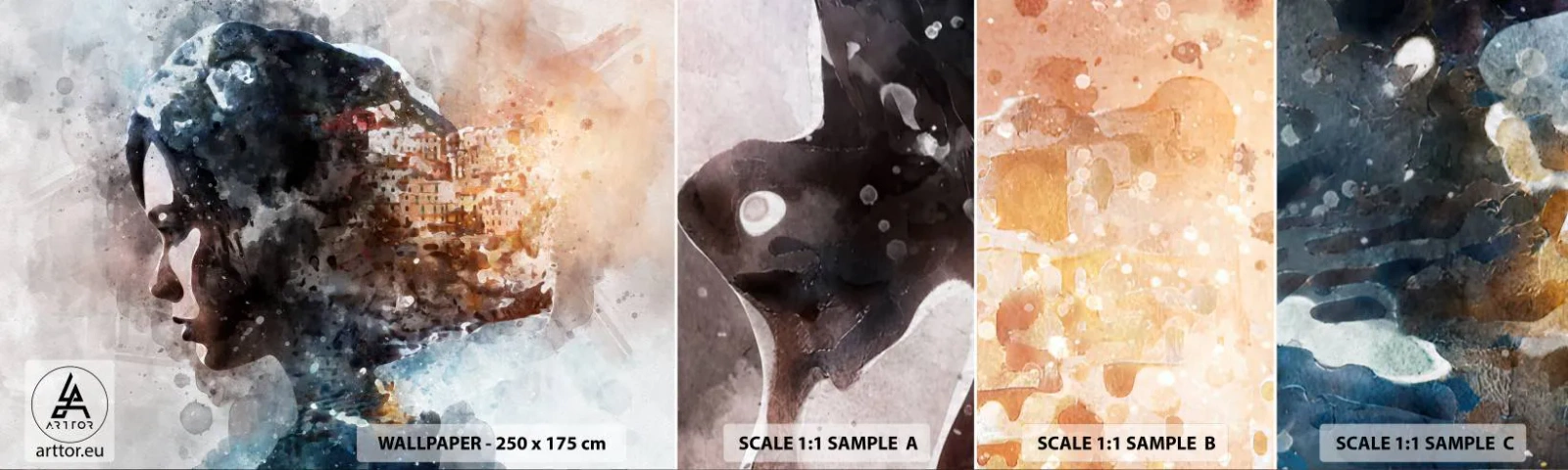 Campione di Fotomurale Adesivo Deluxe Sticker - Racconto su una ragazza con città sullo sfondo - Astrazione, Donna, Architettura - 100x30 cm