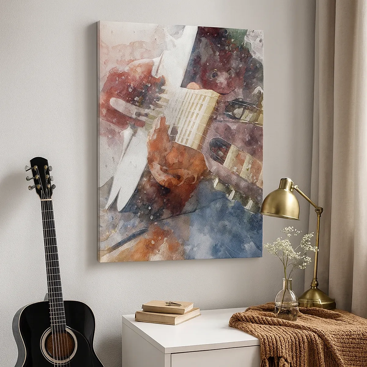 Quadro su tela - Stampe su Tela - Un'interpretazione artistica di una chitarra in stile acquerello - 50x70cm - E tu che ne pensi? - Decorazione murale moderna per soggiorno e camera da letto ARTTOR
