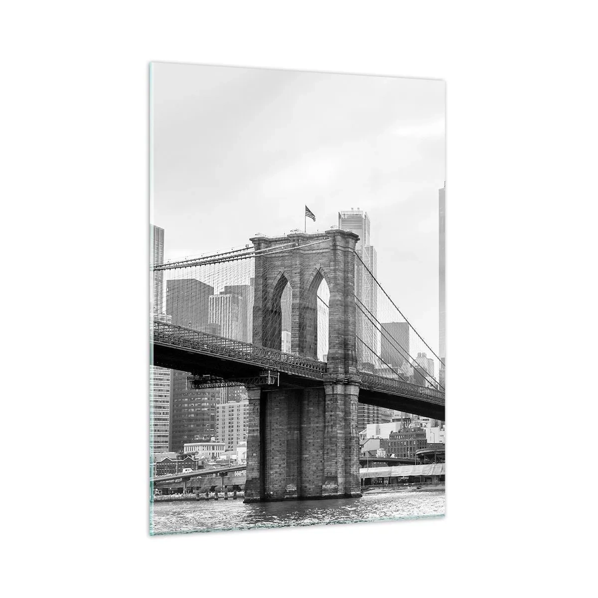Quadro su vetro - Foto in bianco e nero di un ponte e di un paesaggio urbano - 50x70cm - Atmosfera di New York - Decorazione murale moderna per soggiorno e camera da letto ARTTOR