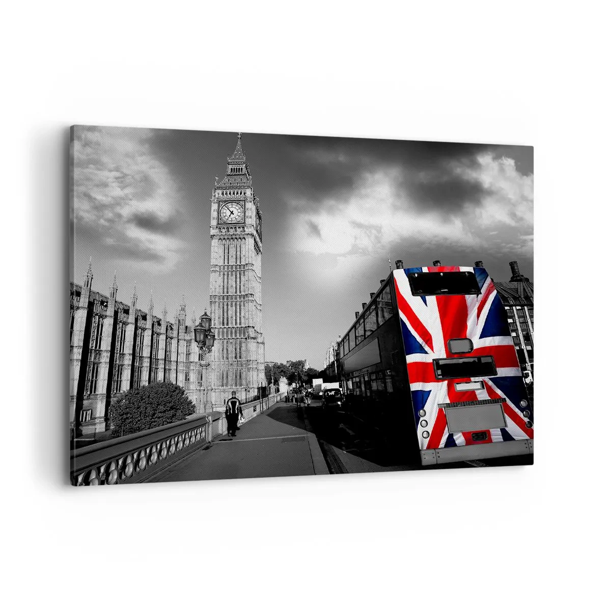 Quadro su tela - Stampe su Tela - Il Big Ben e un autobus con una bandiera britannica su uno sfondo bianco e nero - 100x70cm - Orgogliosa e grande - Decorazione murale moderna per soggiorno e camera da letto ARTTOR