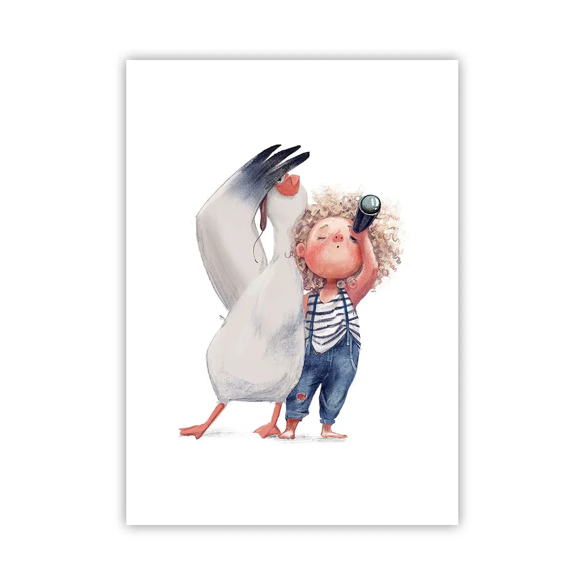 Poster - Illustrazione di un bambino con un binocolo e un uccello che lo accompagna - 50x70cm - Il progetto di un grande viaggio - Decorazione murale moderna per soggiorno e camera da letto ARTTOR