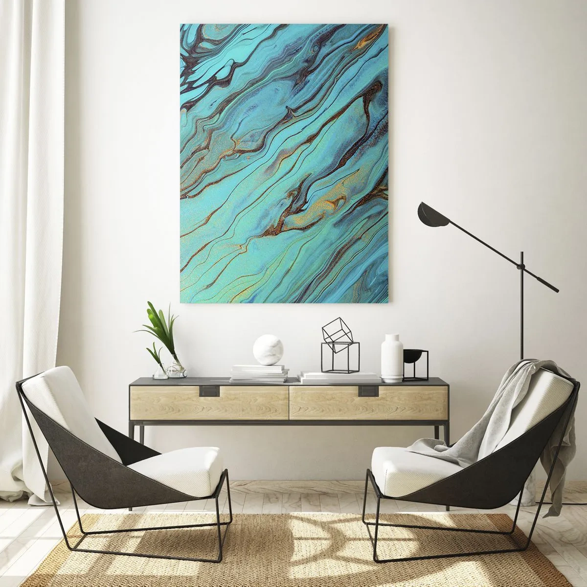 Quadro su vetro - Onde astratte nei toni del turchese e dell'oro - 80x120cm - Marea turchese - Decorazione murale moderna per soggiorno e camera da letto ARTTOR