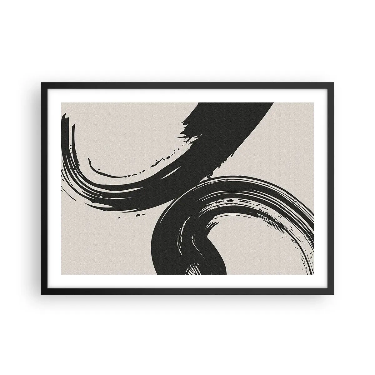 Poster in cornice nera - Pennellate dinamiche in nero su sfondo chiaro - 70x50cm - Energico e circolare - Decorazione murale moderna per soggiorno e camera da letto ARTTOR