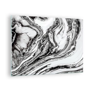 Quadro su vetro - Un motivo astratto nelle tonalità del bianco e del nero che ricorda le onde. - 70x50cm - All'inizio vi era il caos - Decorazione murale moderna per soggiorno e camera da letto ARTTOR