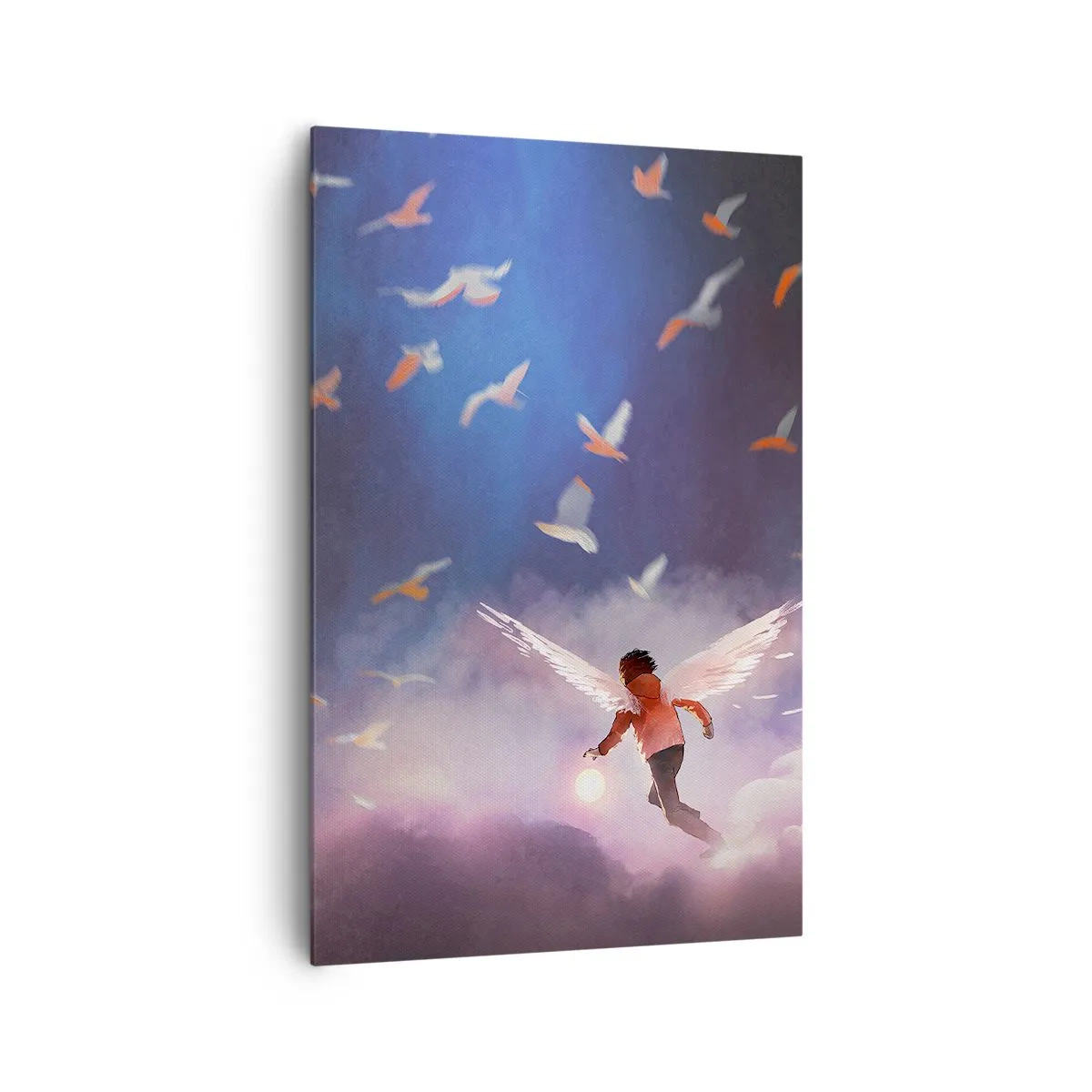 Quadro su tela - Stampe su Tela - Una figura con ali d'angelo che fluttua tra gli uccelli nel cielo - 80x120cm - Bisogna avere fantasia e coraggio - Decorazione murale moderna per soggiorno e camera da letto ARTTOR