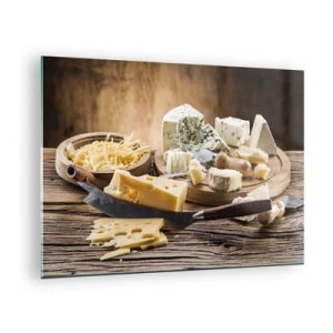 Quadro su vetro - Tagliere per formaggi con coltello su tavolo rustico - 70x50cm - Sorridi al formaggio - Decorazione murale moderna per soggiorno e camera da letto ARTTOR