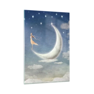 Quadro su vetro - Una donna sulla luna circondata da stelle e nuvole - 80x120cm - Seduttrice celeste - Decorazione murale moderna per soggiorno e camera da letto ARTTOR