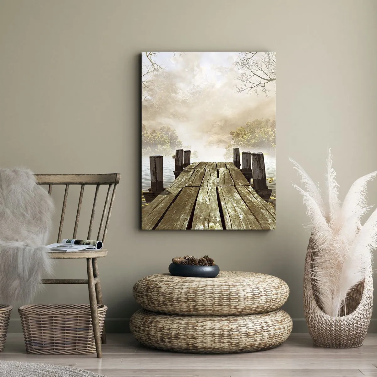 Quadro su tela - Stampe su Tela - Un molo di legno che conduce a un lago calmo nella nebbia mattutina - 80x120cm - La mite melanconia autunnale - Decorazione murale moderna per soggiorno e camera da letto ARTTOR