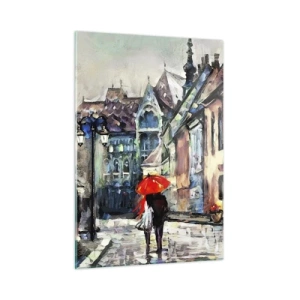 Quadro su vetro - Una coppia sotto un ombrello rosso passeggia lungo una strada pittoresca - 50x70cm - Pioggia per due - Decorazione murale moderna per soggiorno e camera da letto ARTTOR