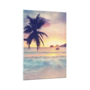 Quadro su vetro - Spiaggia con una palma e un tramonto sull'oceano - 70x100cm - Sera nell'insenatura - Decorazione murale moderna per soggiorno e camera da letto ARTTOR