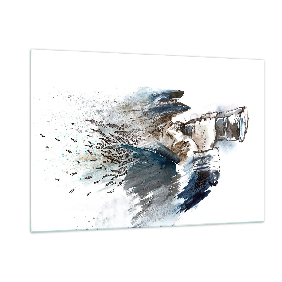 Quadro su vetro - Un uomo con un binocolo in una composizione dinamica ad acquerello - 120x80cm - Dieci gradi Beaufort! - Decorazione murale moderna per soggiorno e camera da letto ARTTOR