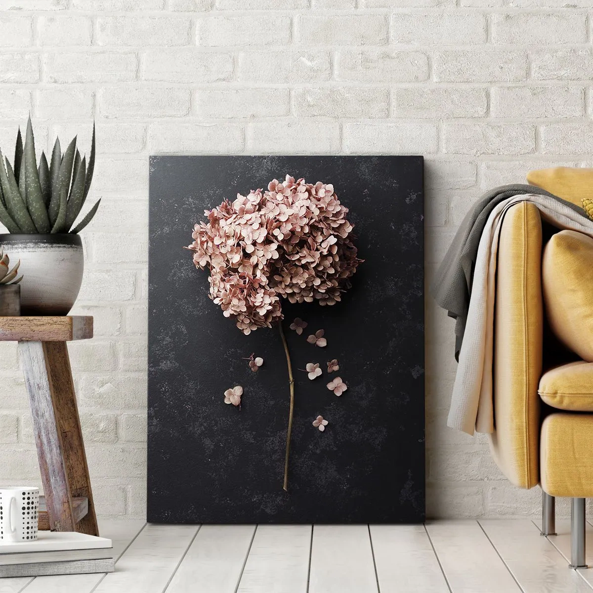 Quadro su tela - Stampe su Tela - Un delicato fiore di ortensia su uno sfondo scuro - 50x70cm - Un vero segno romantico - Decorazione murale moderna per soggiorno e camera da letto ARTTOR
