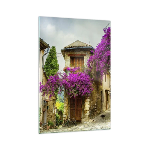 Quadro su vetro - Una strada di pietra con fiori rosa e case - 70x100cm - Sotto un baldacchino di fiori - Decorazione murale moderna per soggiorno e camera da letto ARTTOR