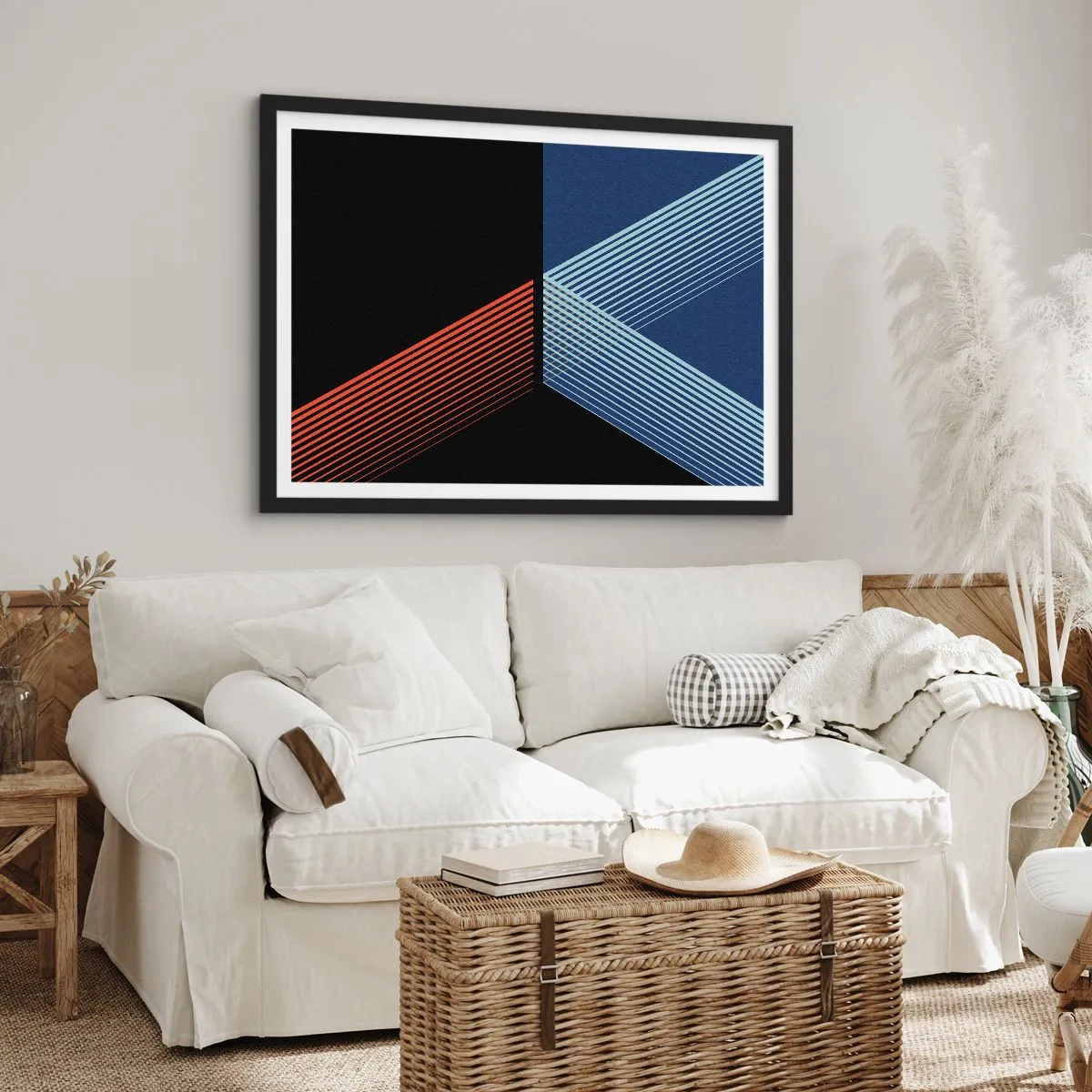 Poster in cornice nera - Linee geometriche nei toni del rosso e del blu - 70x50cm - Una storia semplice - Decorazione murale moderna per soggiorno e camera da letto ARTTOR
