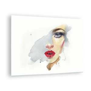 Quadro su vetro - Ritratto ad acquerello di una donna con labbra rosse - 70x50cm - Riflesso in una goccia d'acqua - Decorazione murale moderna per soggiorno e camera da letto ARTTOR