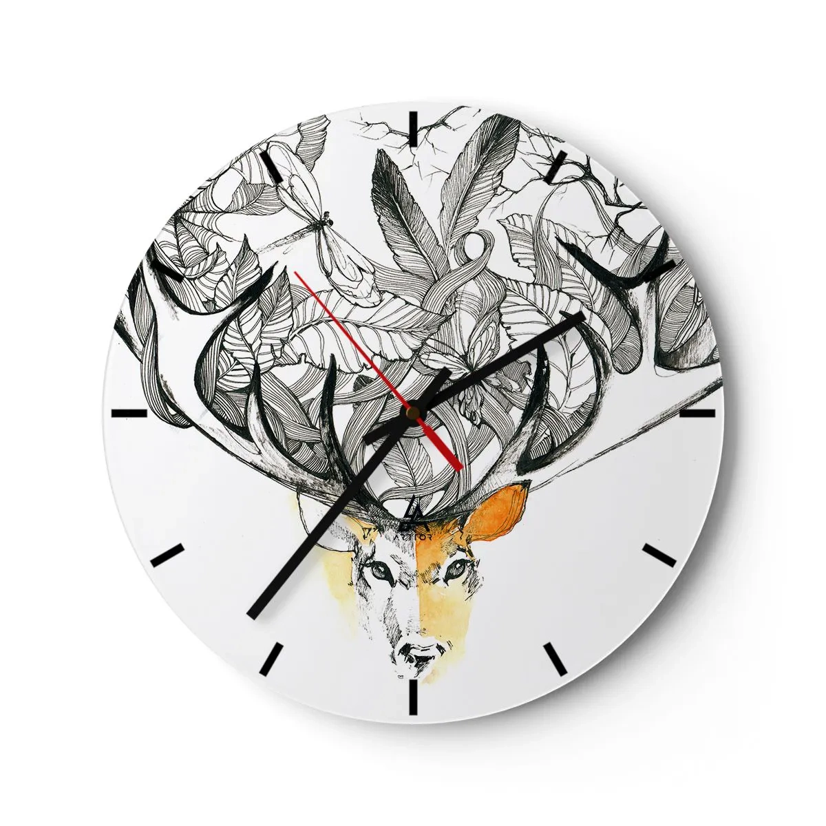 Orologio da parete - Orologio in Vetro - Disegno artistico di un cervo con corna e foglie distese - 30x30cm - I corni dell'abbondanza - Decorazione murale moderna per soggiorno, cucina e camera da letto ARTTOR