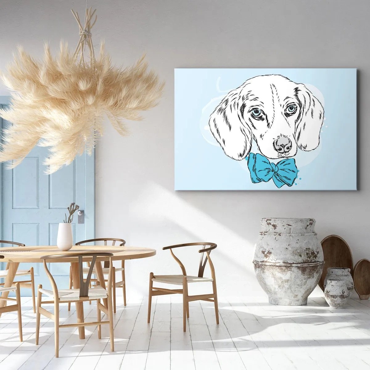 Quadro su tela - Stampe su Tela - Adorabile grafica di un cane con un papillon su uno sfondo pastello - 100x70cm - Eleganza canina - Decorazione murale moderna per soggiorno e camera da letto ARTTOR