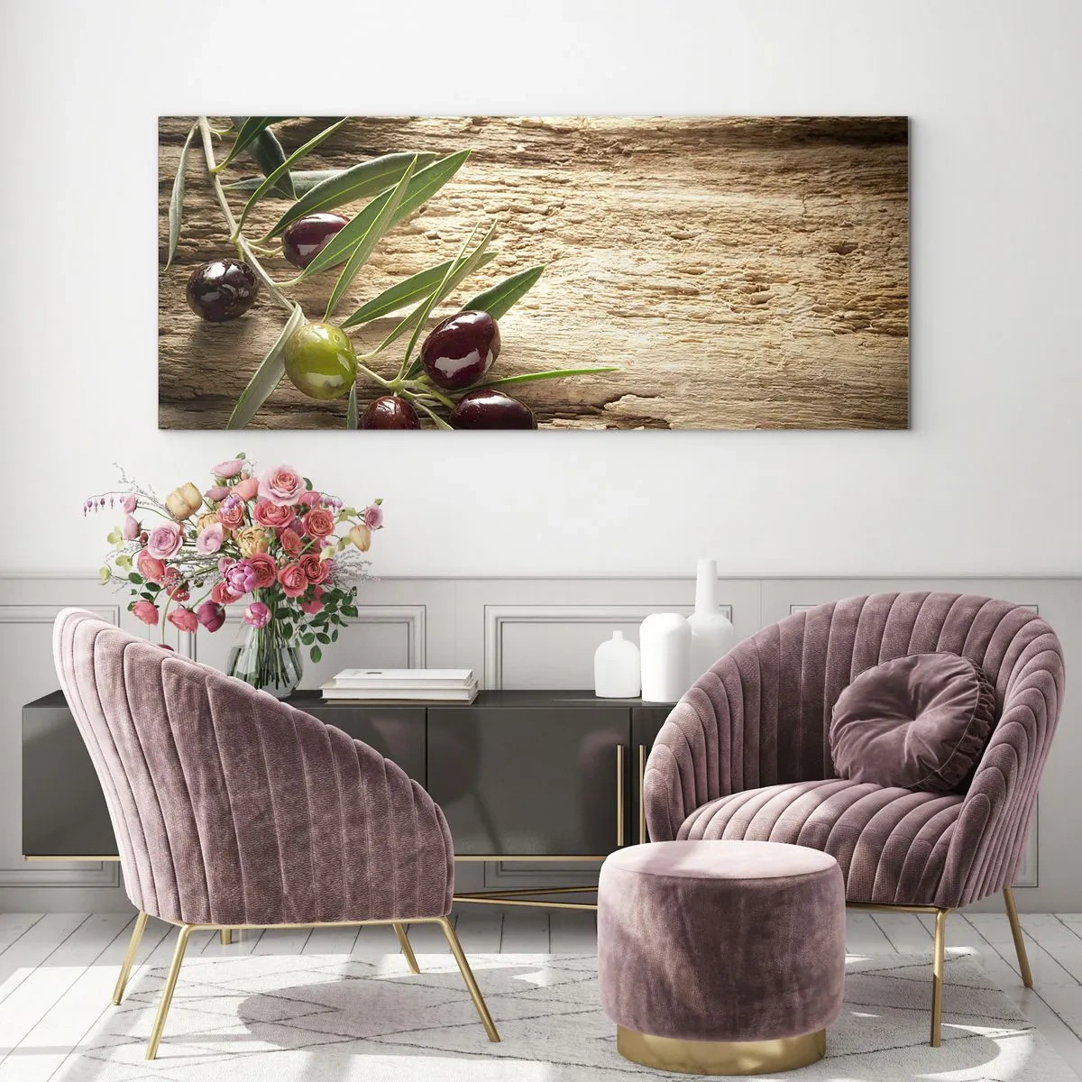 Quadro su vetro - Ramo d'ulivo con frutta su uno sfondo di legno invecchiato - 120x50cm - Direttamente dalla natura - Decorazione murale moderna per soggiorno e camera da letto ARTTOR