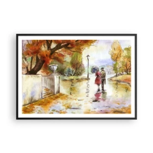 Poster in cornice nera - Una passeggiata nel parco autunnale con l'ombrello - 100x70cm - Autunno romantico nel parco - Decorazione murale moderna per soggiorno e camera da letto ARTTOR