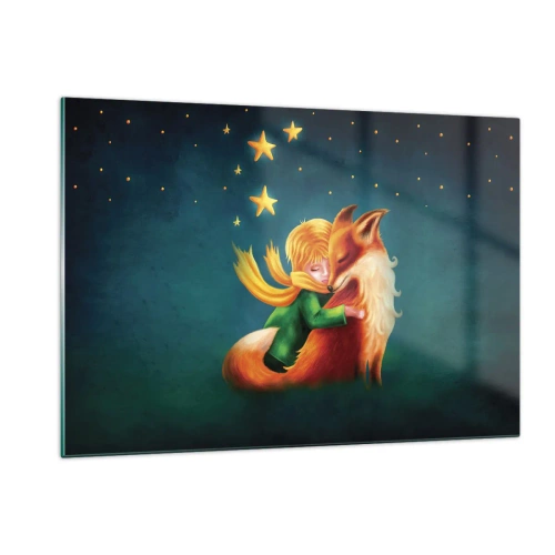 Quadro su vetro - Il Piccolo Principe abbraccia una volpe sotto un cielo stellato - 120x80cm - Il piccolo principe - Decorazione murale moderna per soggiorno e camera da letto ARTTOR