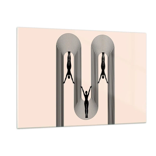 Quadro su vetro - Sagome nere di figure sospese in archi ritmici - 120x80cm - Sottosopra - Decorazione murale moderna per soggiorno e camera da letto ARTTOR