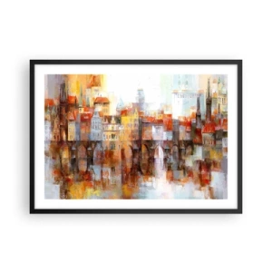 Poster in cornice nera - Un pittoresco panorama della città con un ponte nei colori autunnali - 70x50cm - Anche sotto il ponte è bello - Decorazione murale moderna per soggiorno e camera da letto ARTTOR