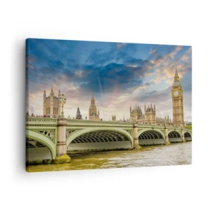 Quadro su tela - Stampe su Tela - Il Big Ben e il ponte di Westminster contro il cielo al tramonto - 70x50cm - Nell'Impero il tempo si è fermato - Decorazione murale moderna per soggiorno e camera da letto ARTTOR