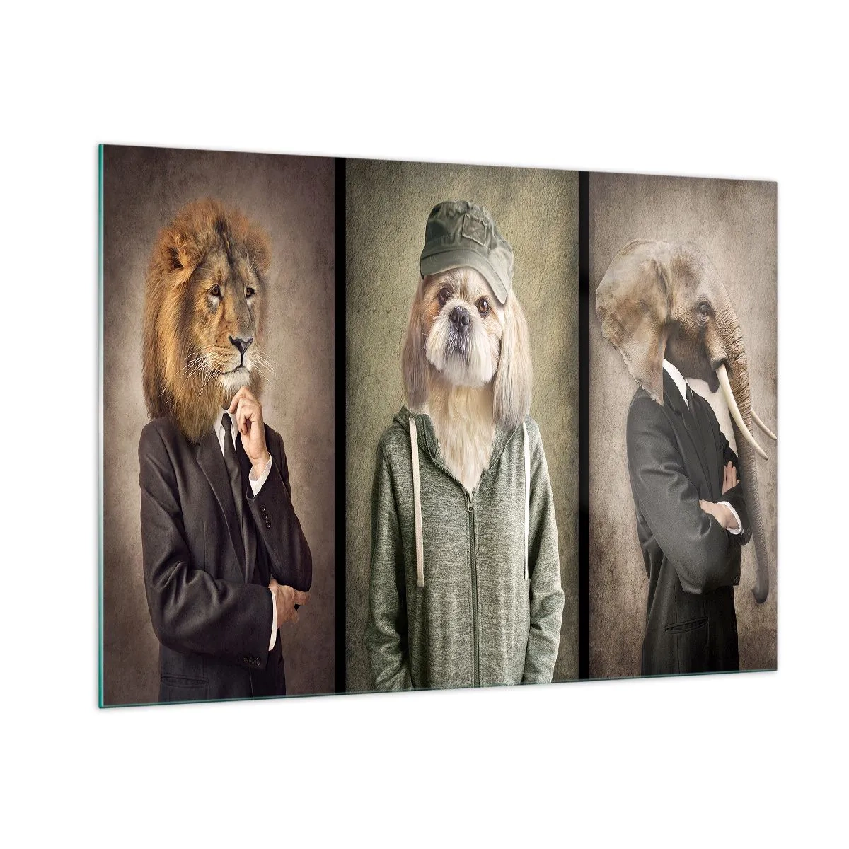 Quadro su vetro - Tre animali in vari stili, dall'elegante al casual - 100x70cm - Preferisco casual - Decorazione murale moderna per soggiorno e camera da letto ARTTOR