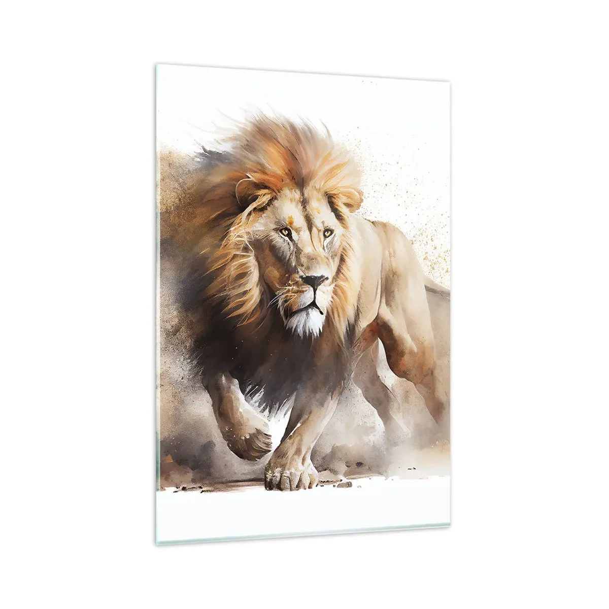 Quadro su vetro - Un ritratto dinamico di un leone dai colori naturali. - 80x120cm - Il re si è mosso - Decorazione murale moderna per soggiorno e camera da letto ARTTOR