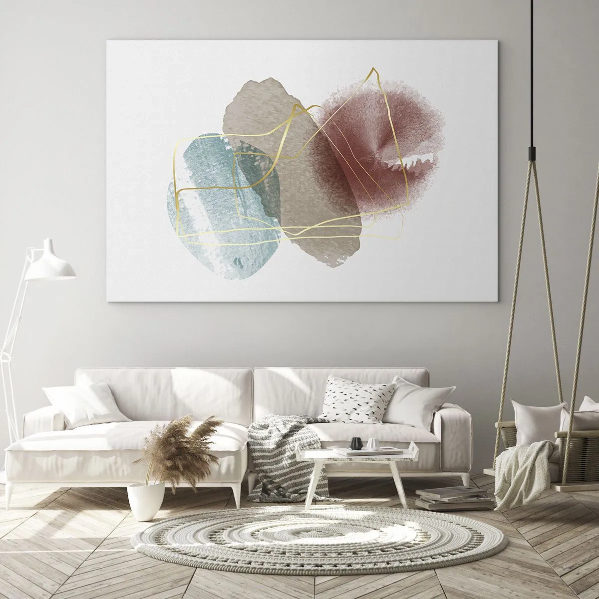 Quadro su vetro - Schizzi di acquerello astratti e linee dorate - 70x50cm - Coralli dello spazio - Decorazione murale moderna per soggiorno e camera da letto ARTTOR