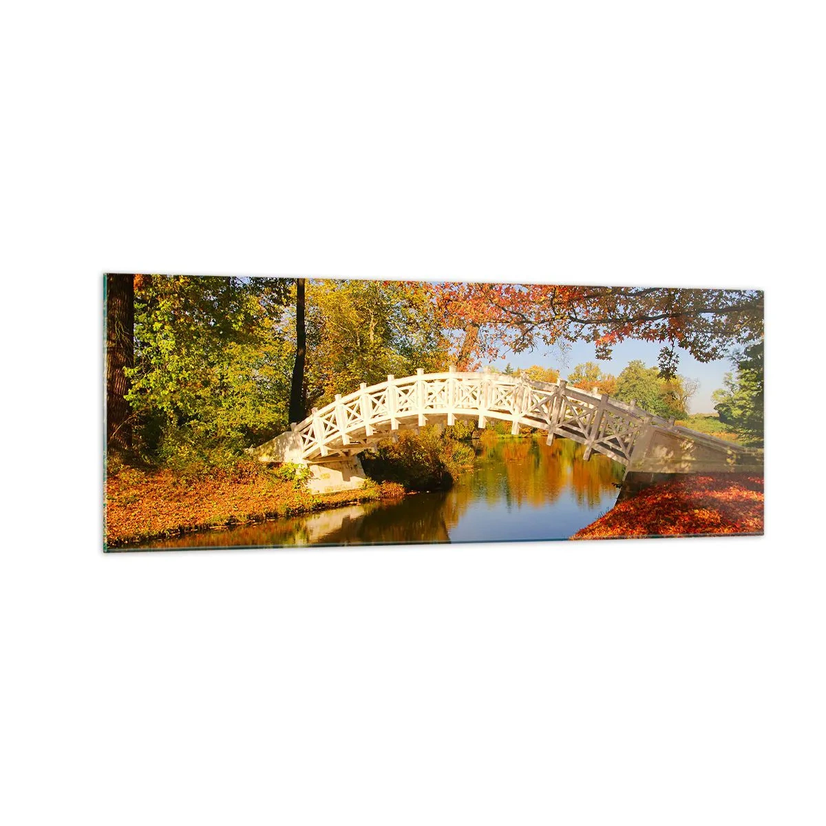 Quadro su vetro - Un ponte in un parco circondato da foglie autunnali su acque calme - 140x50cm - Sul bianco ponticello dei sospiri - Decorazione murale moderna per soggiorno e camera da letto ARTTOR
