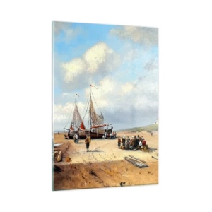 Quadro su vetro - Scena di spiaggia con barche da pesca e persone che pescano - 50x70cm - Dopo una buona pesca - Decorazione murale moderna per soggiorno e camera da letto ARTTOR
