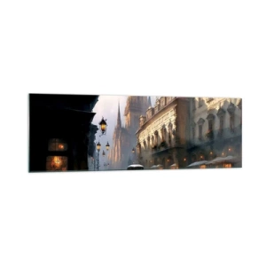 Quadro su vetro - Scena di strada serale con architettura storica - 160x50cm - Il fascino delle sere di Praga - Decorazione murale moderna per soggiorno e camera da letto ARTTOR