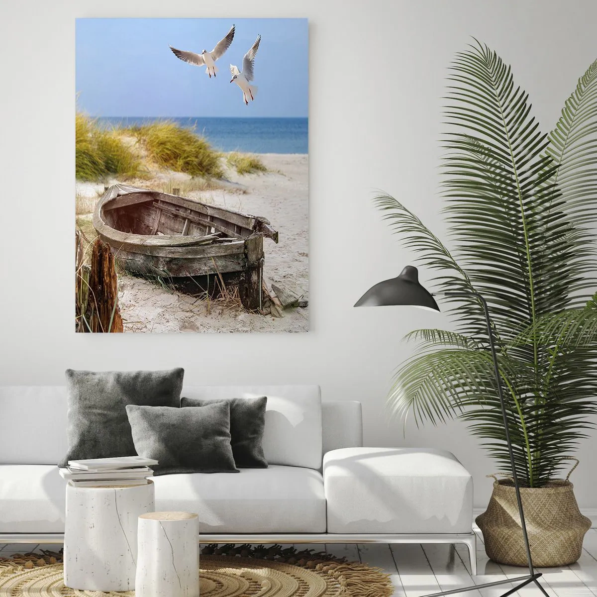 Quadro su vetro - Barca di legno sulla spiaggia con gabbiani in volo - 50x70cm - Bagnate dal vento - Decorazione murale moderna per soggiorno e camera da letto ARTTOR
