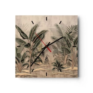 Orologio da parete - Orologio in Vetro - Palme e vegetazione tropicale nei toni del verde su sfondo beige - 30x30cm - Incisione in stile coloniale - Decorazione murale moderna per soggiorno e camera da letto ARTTOR