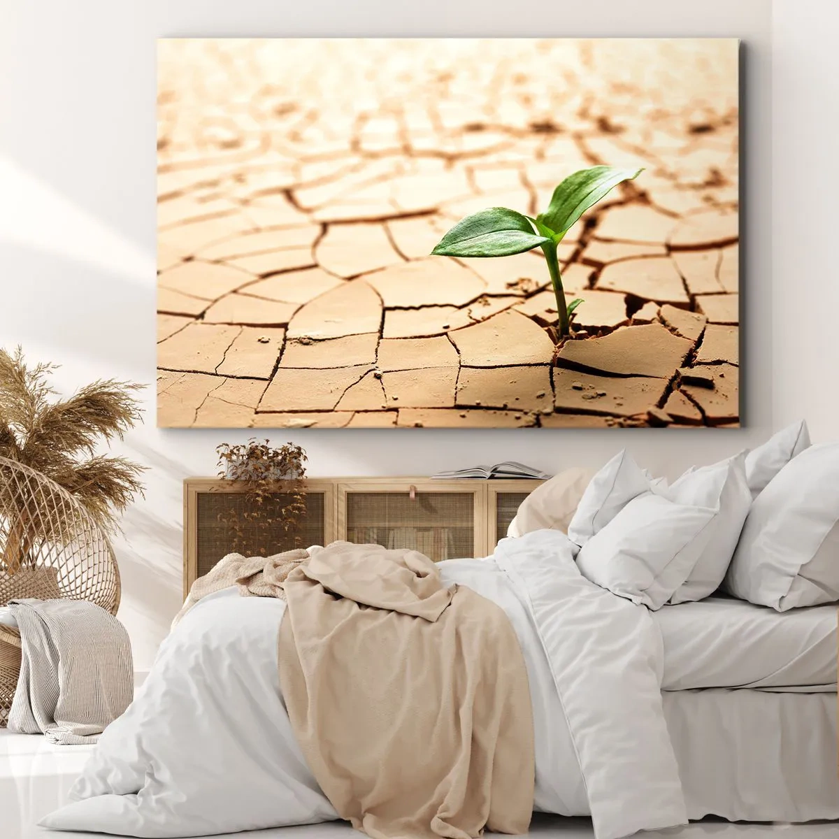 Quadro su tela - Stampe su Tela - Una pianta verde che cresce nella terra secca e screpolata - 100x70cm - L'indomita forza della vita - Decorazione murale moderna per soggiorno e camera da letto ARTTOR