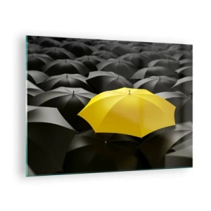 Quadro su vetro - Un ombrello giallo che spicca tra quelli neri - 70x50cm - Addio tristezza - Decorazione murale moderna per soggiorno e camera da letto ARTTOR