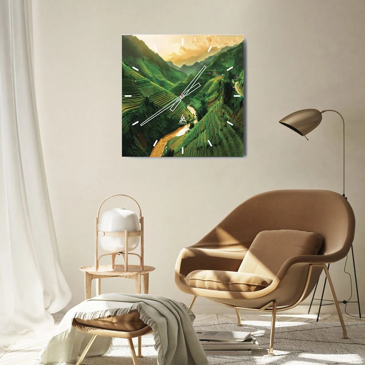 Orologio da parete - Orologio in Vetro - Pittoresche terrazze di riso in una valle verde illuminata dal sole al tramonto - 30x30cm - Valle del Vietnam - Decorazione murale moderna per soggiorno e camera da letto ARTTOR