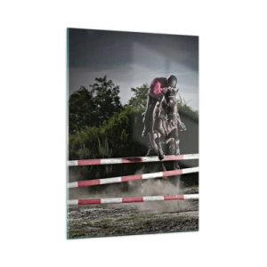 Quadro su vetro - Un cavaliere a cavallo salta un ostacolo sullo sfondo della natura - 50x70cm - Insieme fino alla vittoria - Decorazione murale moderna per soggiorno e camera da letto ARTTOR