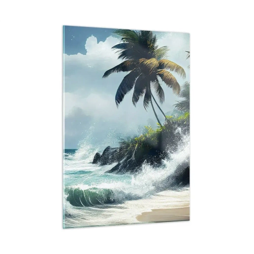 Quadro su vetro - Onde che si infrangono contro le rocce vicino alle palme su una spiaggia tropicale - 50x70cm - Sulla riva tropicale - Decorazione murale moderna per soggiorno e camera da letto ARTTOR