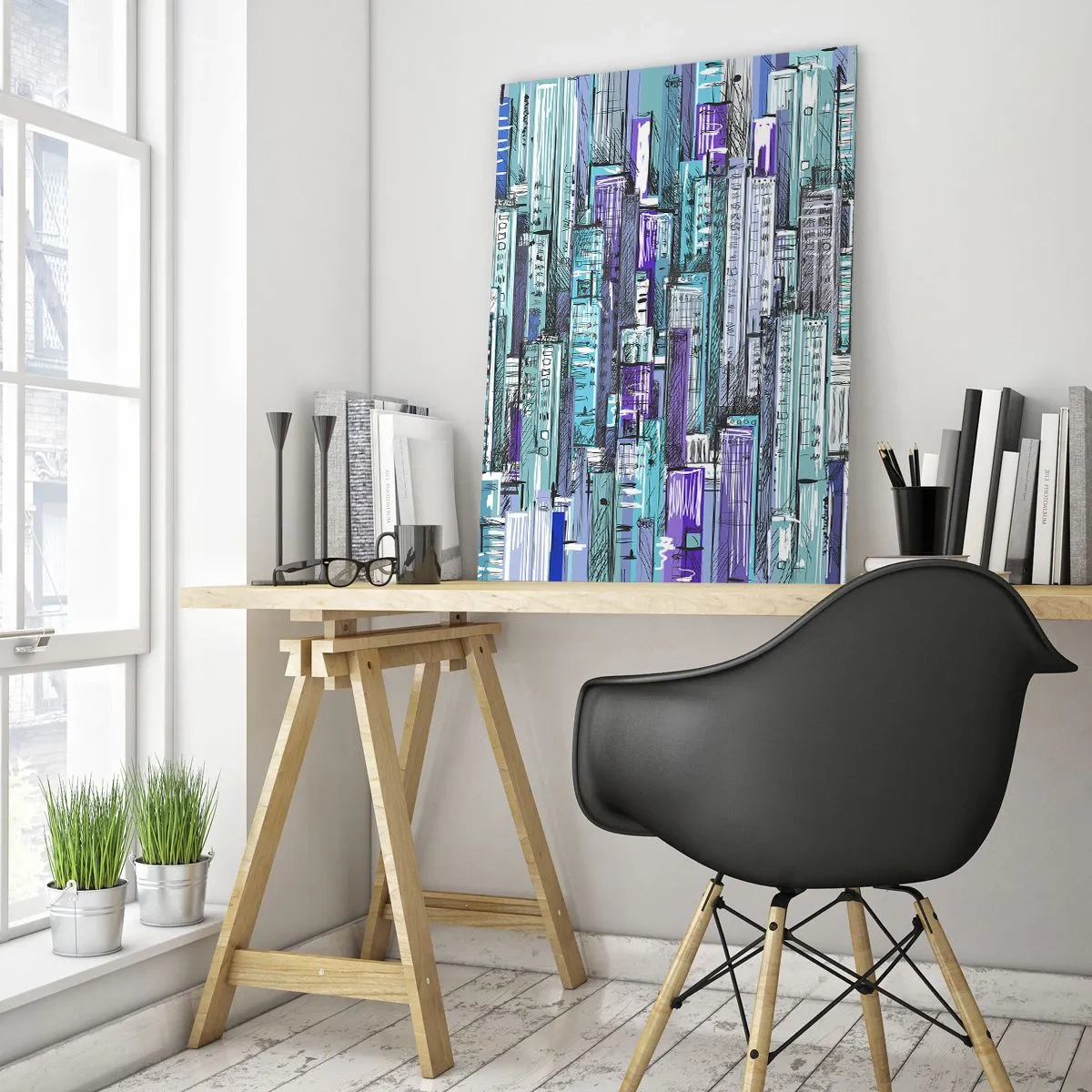 Quadro su vetro - Illustrazione di una città con edifici geometrici nelle tonalità del blu e del viola. - 80x120cm - Bluastri dal cielo - Decorazione murale moderna per soggiorno e camera da letto ARTTOR