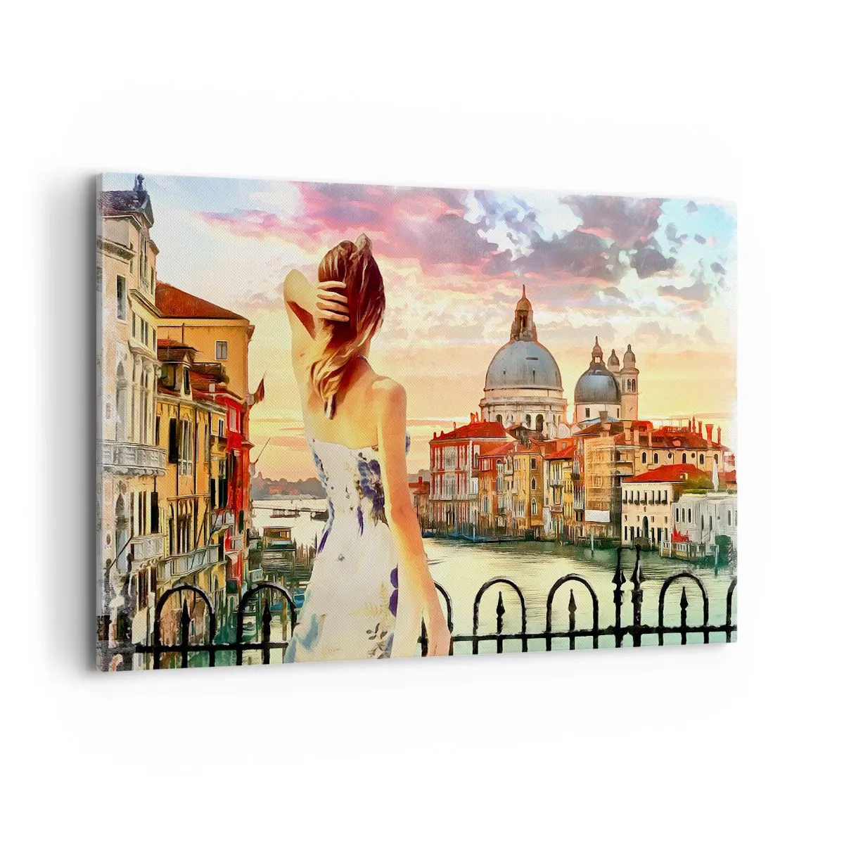 Quadro su tela - Stampe su Tela - Una donna ammira il pittoresco paesaggio lungo il canale - 120x80cm - Se un'avventura allora solo a... - Decorazione murale moderna per soggiorno e camera da letto ARTTOR