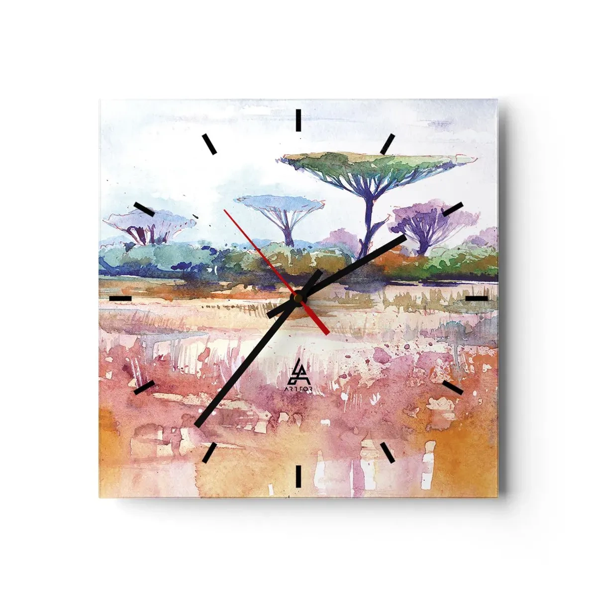 Orologio da parete - Orologio in Vetro - Un pittoresco paesaggio di savana con colori ad acquerello - 30x30cm - I colori della savana - Decorazione murale moderna per soggiorno e camera da letto ARTTOR