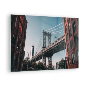 Quadro su vetro - Un ponte sospeso tra edifici in mattoni in un contesto urbano - 70x50cm - Sopra le onde della città - Decorazione murale moderna per soggiorno e camera da letto ARTTOR